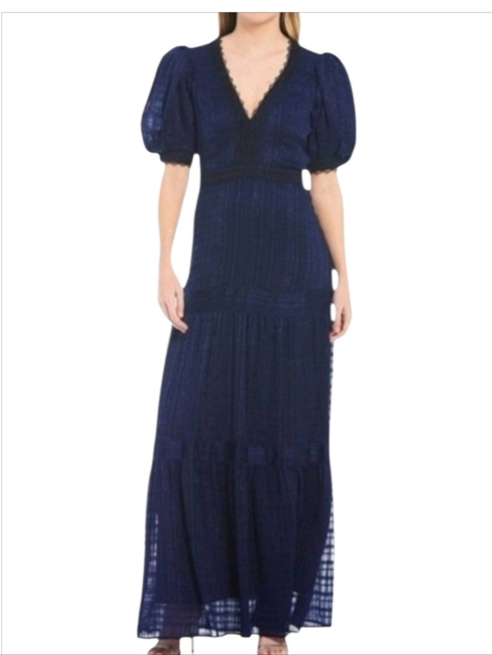Belle Badgley Mischka Willow Lace Maxi Dress 6 Blue NWT